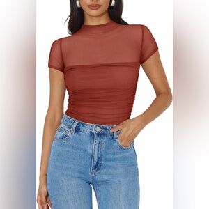 NWT Reoria Rust Mesh Mock Neck Ruched Bodysuit Size L